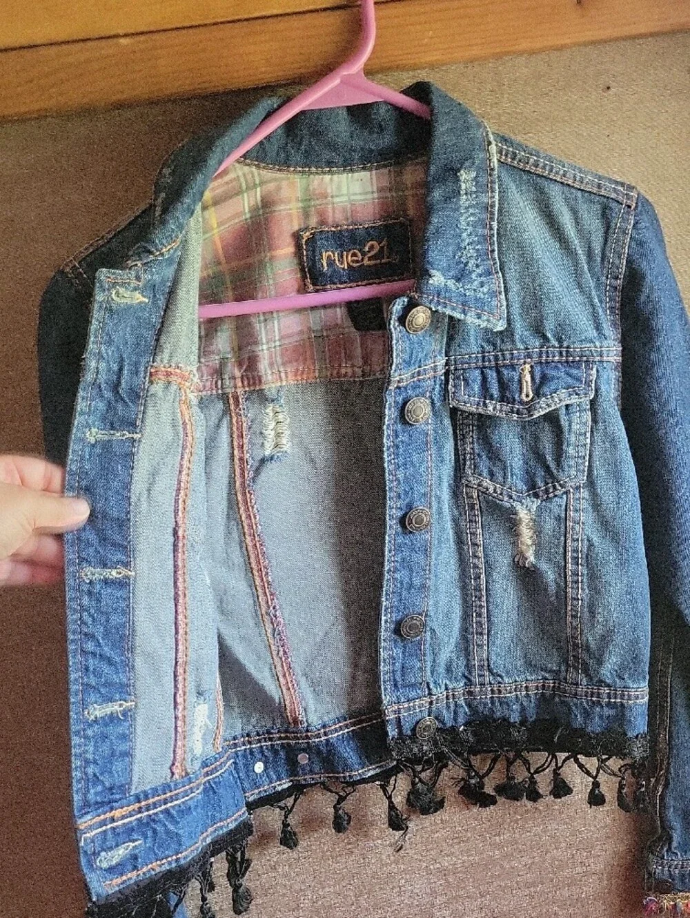 Rue21 Blue Distressed Cropped Denim Jacket with Black Tassel Hem - Picture 5 of 5
